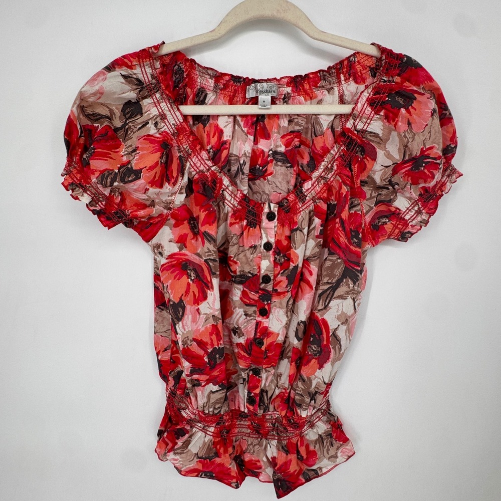 Dressbarn Peasant Blouse Womens Size M Red Floral Excellent Smocked Cotton Top
